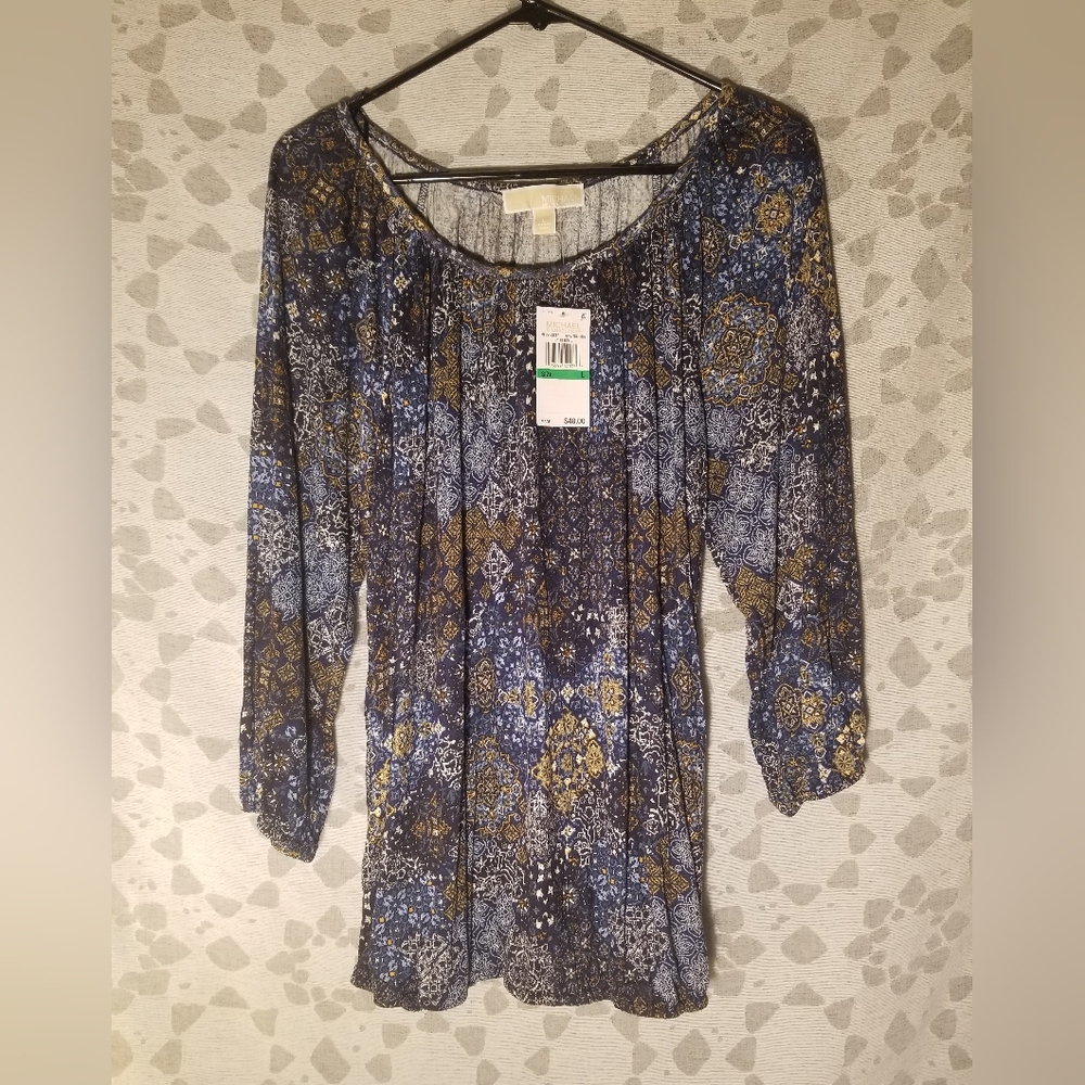 Michael Kors Blue/ Gold Patterned Blouse Womens Size L NWT!